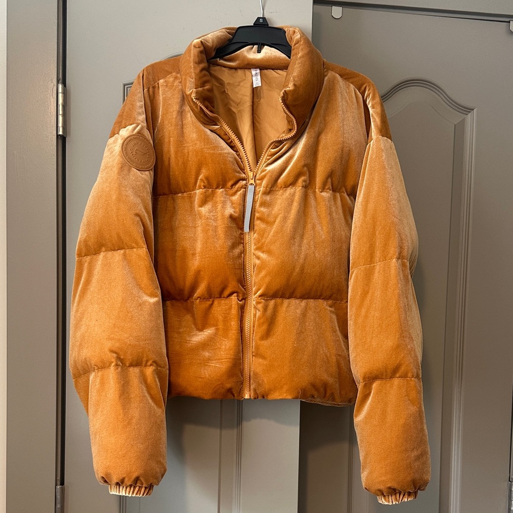 Fabletics Velvet Puffer Jacket in Rich Orange